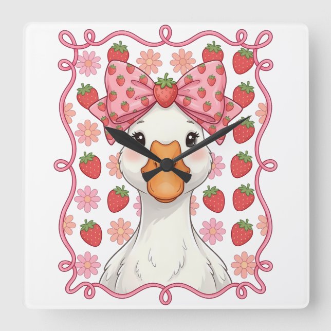 Women Strawberry Goose Summer Bow Square Wall Clock (Front)