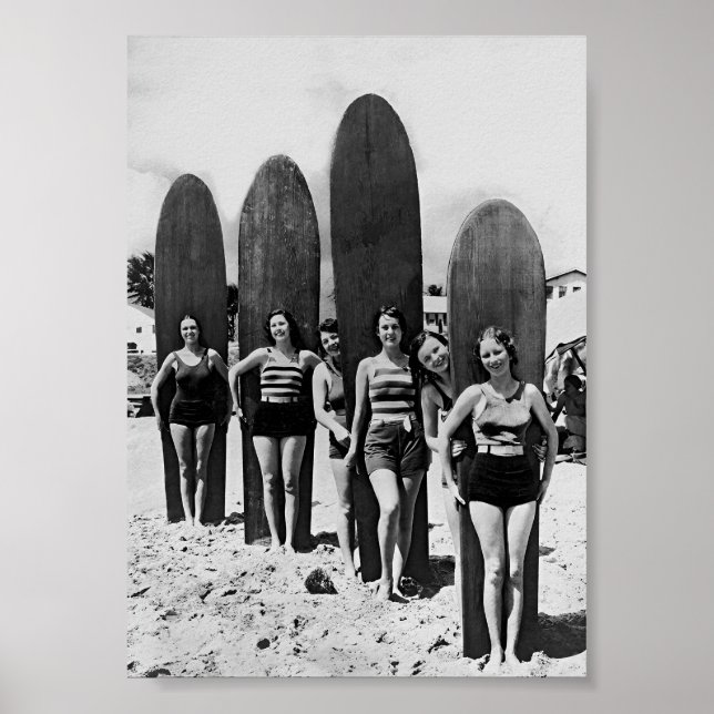 Women Surfers Black and White Vintage Art Poster (Front)