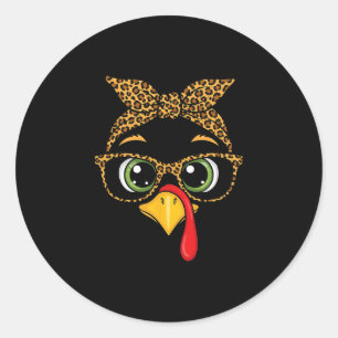 Women Thanksgiving Shirt Turkey Face Leopard Gles  Classic Round Sticker