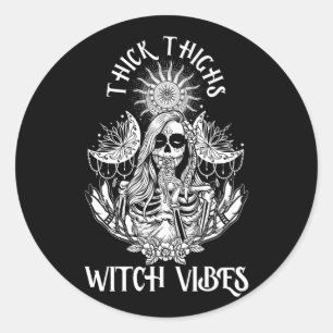Women Thick Thighs Witch Vibes Halloween Moon Witc Classic Round Sticker