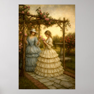 Women Under Rose Arbor In Victorian Era Garden  Poster