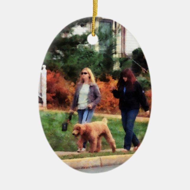 Women Walking a Dog Ceramic Ornament (Front)