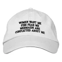 Women Want Me Fish Fear Me Patch Navy Blue Embroidered Ball Cap