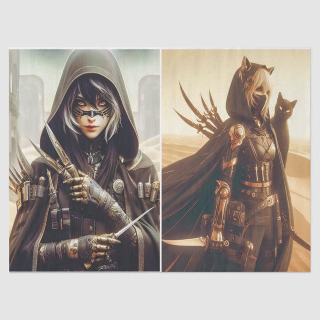 Women Warrior in Black with two Images Decoupage Tissue Paper (Front)