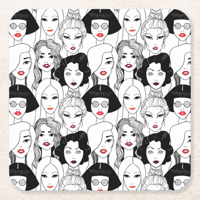 Women With Lipstick Pattern Square Paper Coaster (Front)