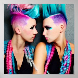 Women with Pink and Blue Mohawks Poster