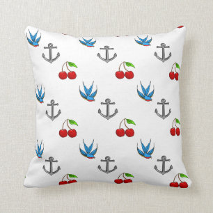 Women's 1950's Bluebird Cherry Anchor Pattern Throw Pillow