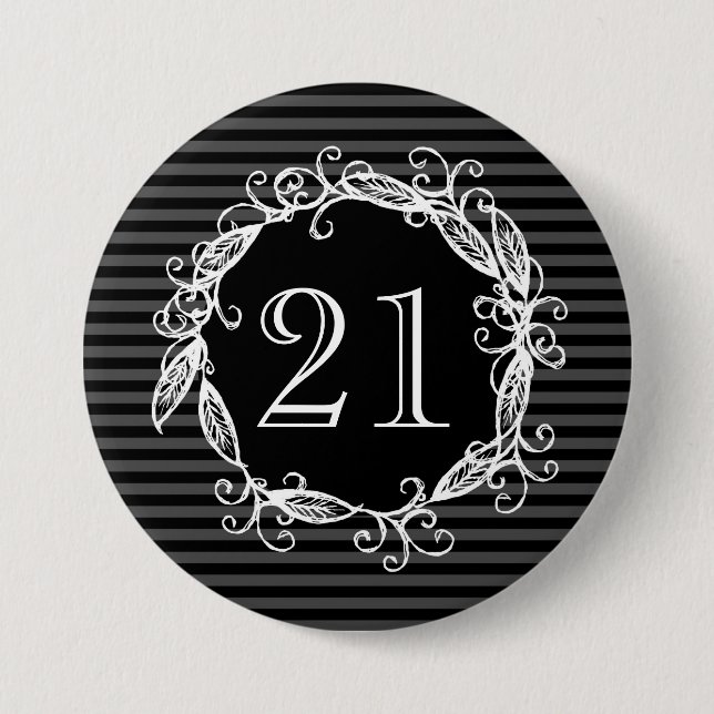 Women's 21st Birthday Pink White Black Swirly 3 Inch Round Button (Front)