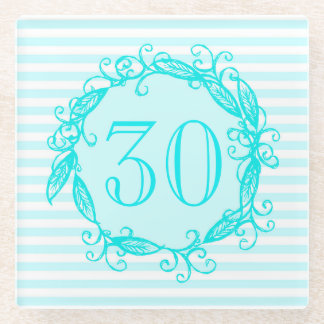Women's 30th Birthday Aqua Blue White Swirly Glass Coaster