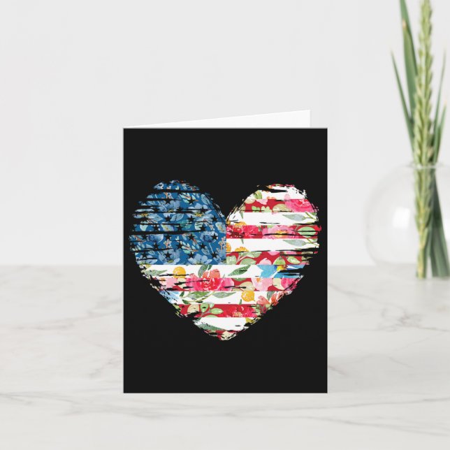 Womens 4th Of July Shirt American Flag Floral Hear Card (Front)
