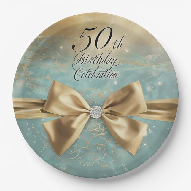 Women's 50th Birthday Gold Diamond Bow & Swirl Paper Plate (Front)