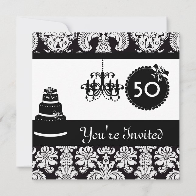 WOMEN'S 50th Birthday Party Black & White Damask I Invitation (Front)