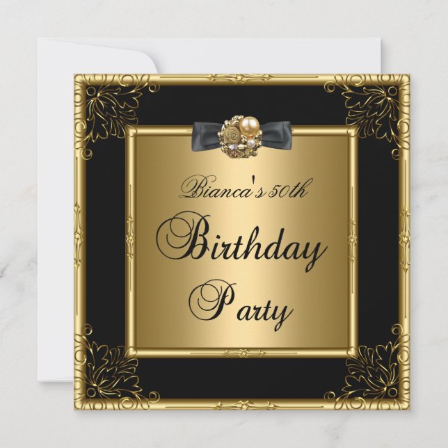 Womens 50th Birthday Party Gold Black Floral Invitation (Front)