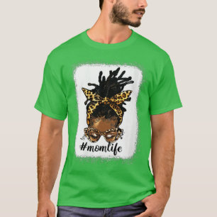 Womens Afro Messy Locs Bun Mom Life  Leopard Messy T-Shirt