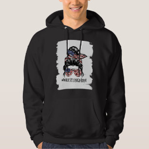 Womens America Flag Messy Bun Wrestling Mom Life M Hoodie