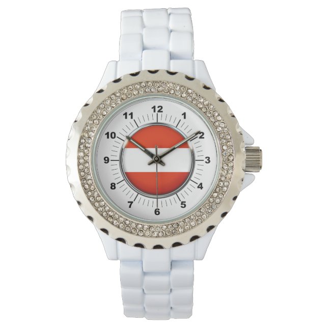 Women's Austria Flag Rhinestone White Enamel Watch (Front)