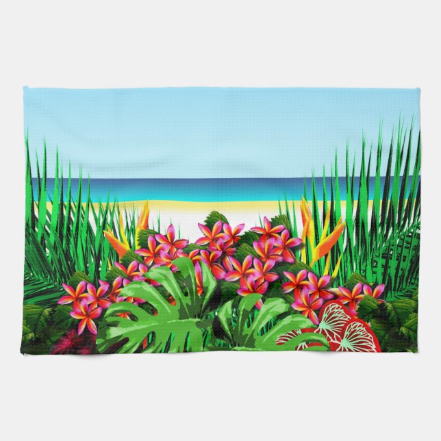 Women's Beautiful Bright Tropical Paradise Beach Kitchen Towel (Horizontal)