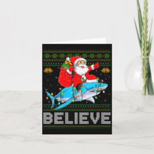Womens Believe Xmas Funny Santa Riding Shark Ugly  Card