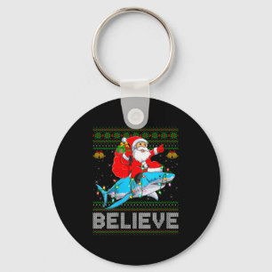 Womens Believe Xmas Funny Santa Riding Shark Ugly Keychain