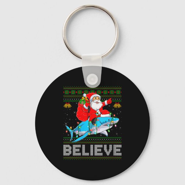 Womens Believe Xmas Funny Santa Riding Shark Ugly  Keychain (Front)