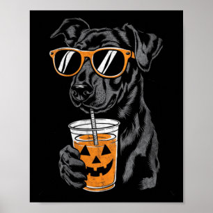 Womens Black Dog With Pumpkin Drink Sungles Poster
