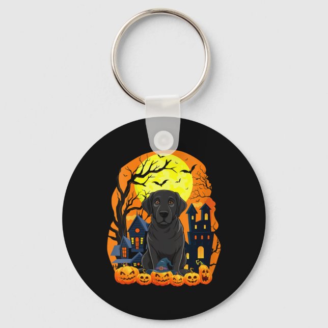 Womens Black Labrador Dog With Pumpkins Funny Y Keychain (Front)