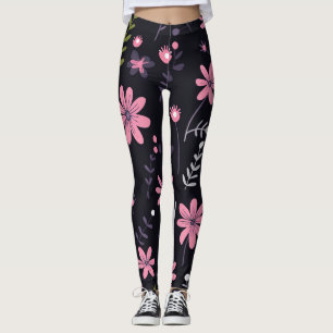  Women's Black Leggings with Pink Floral Print -
