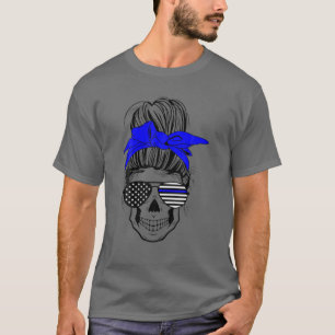 Womens Blue Flag Police Messy Bun Wife Mom T-Shirt