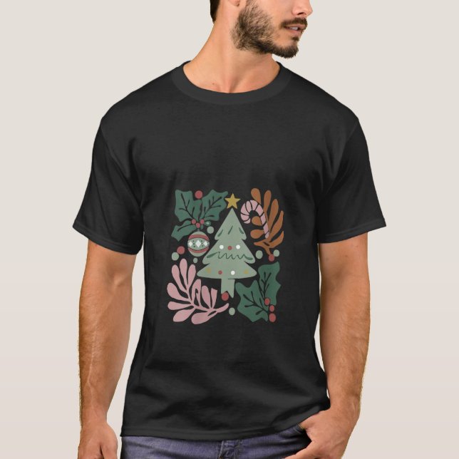 Womens Boho Floral Christmas Tree Merry and Bright T-Shirt (Front)