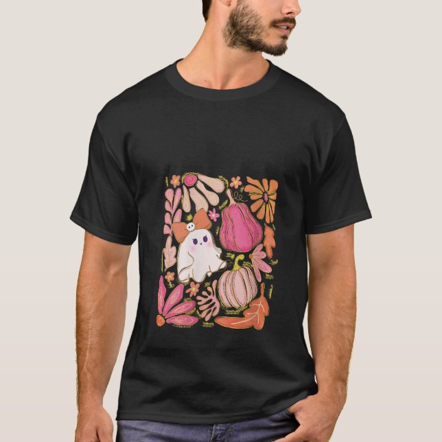 Womens Boho Floral Pumpkin Season Ghost Cozy Aesth T-Shirt (Front)