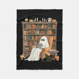 Womens Bookish Ghost Haunted Library Cat Bookworm  Fleece Blanket