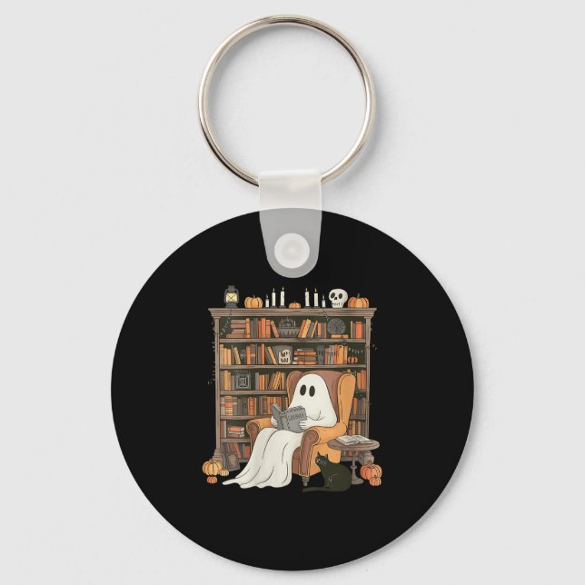 Womens Bookish Ghost Haunted Library Cat Bookworm  Keychain (Front)