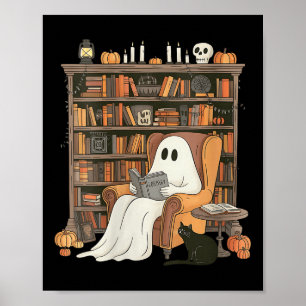 Womens Bookish Ghost Haunted Library Cat Bookworm  Poster