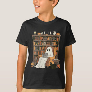 Womens Bookish Ghost Haunted Library Cat Bookworm  T-Shirt