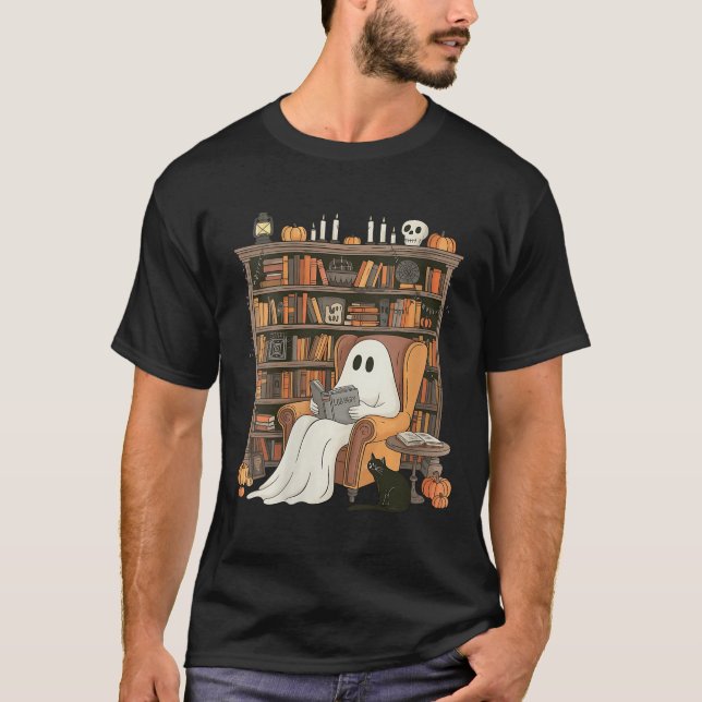 Womens Bookish Ghost Haunted Library Cat Bookworm  T-Shirt (Front)