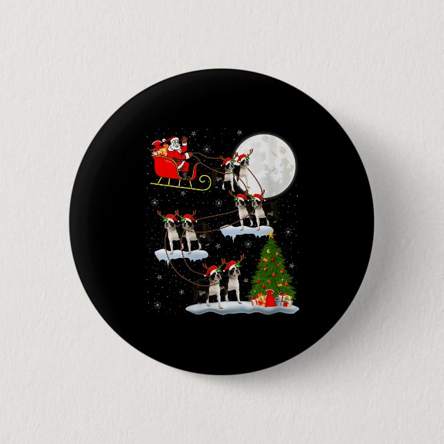Womens Boston Terrier Dog Santa Sleigh Flying Funn 2 Inch Round Button (Front)