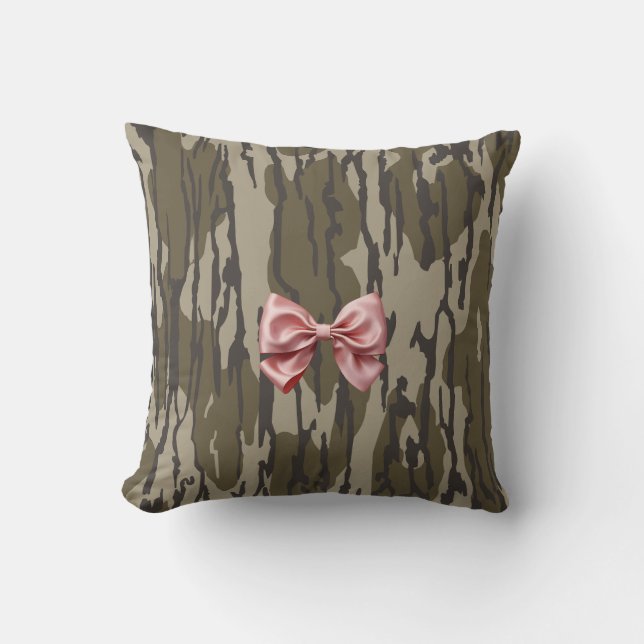 Womens Bottomland Camo Cute Pink Ribbon Bow Throw Pillow (Front)