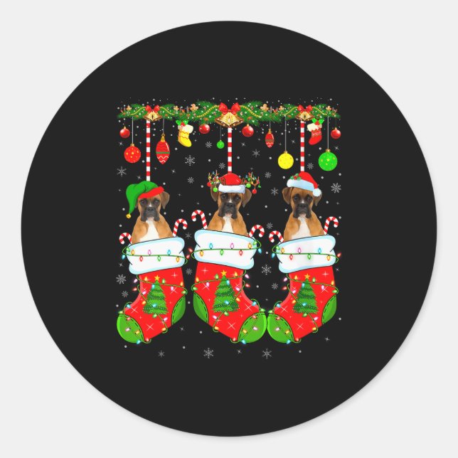 Womens Boxer Dog In Christmas Socks Funny Pet Dog  Classic Round Sticker (Front)