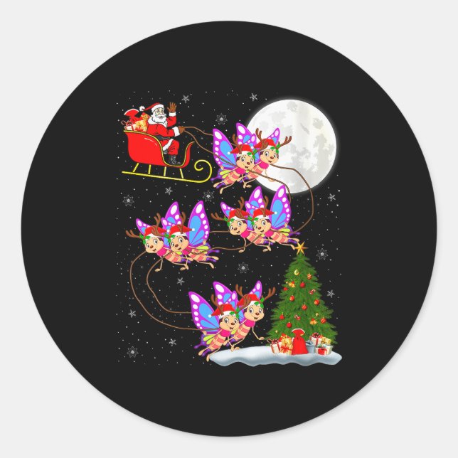Womens Butterfly Santa Sleigh Flying Funny Magical Classic Round Sticker (Front)