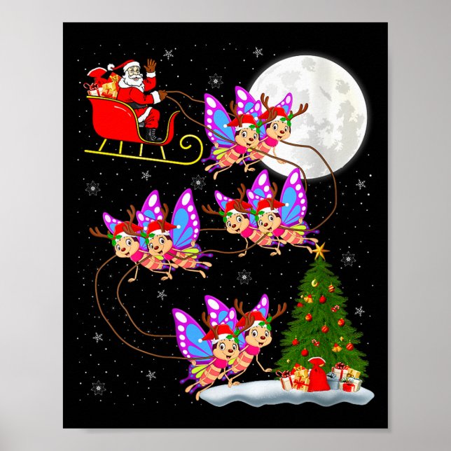 Womens Butterfly Santa Sleigh Flying Funny Magical Poster (Front)