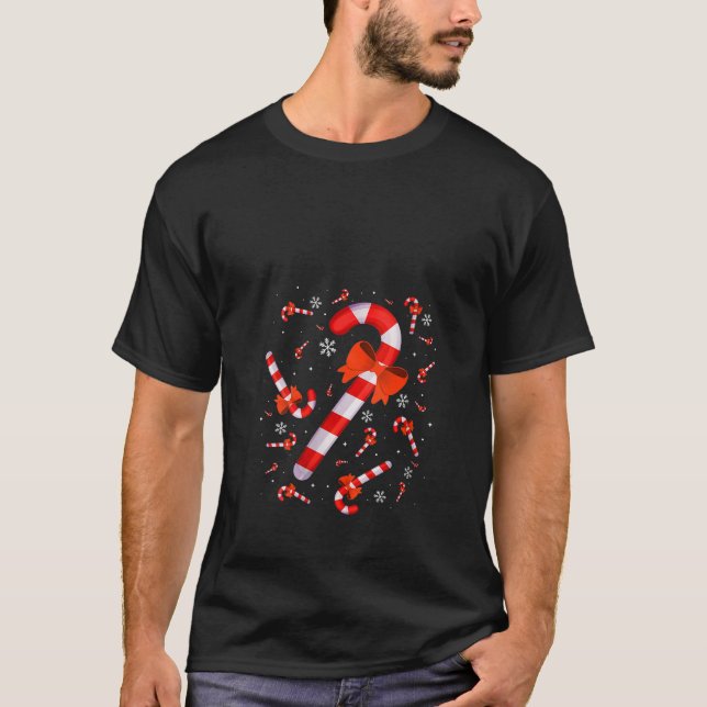 Womens Candy Cane Merry and Bright Red and White C T-Shirt (Front)