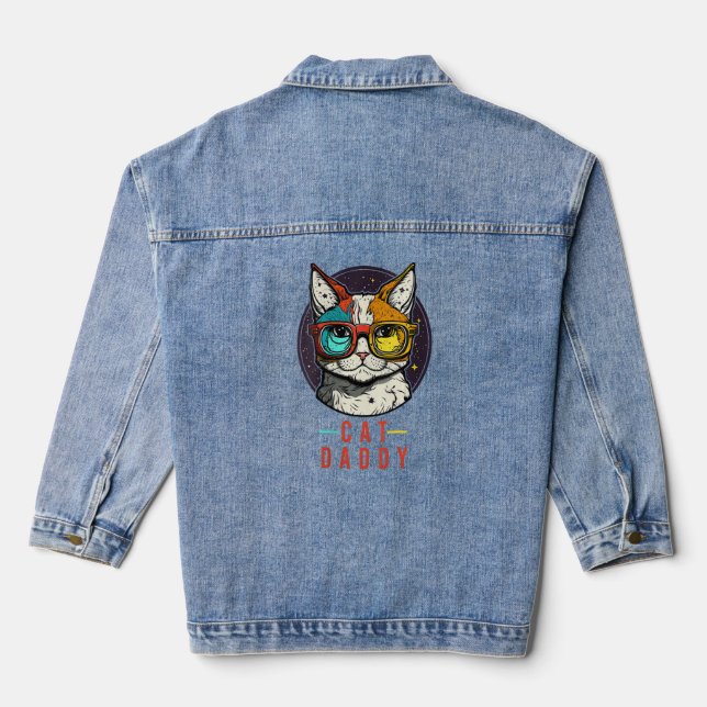 Womens Cat wearing glasses in Galaxy Kitten Space, Denim Jacket (Back)