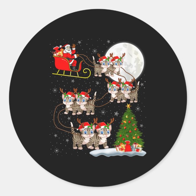 Womens Cats Santa Sleigh Flying Funny Magical Chri Classic Round Sticker (Front)