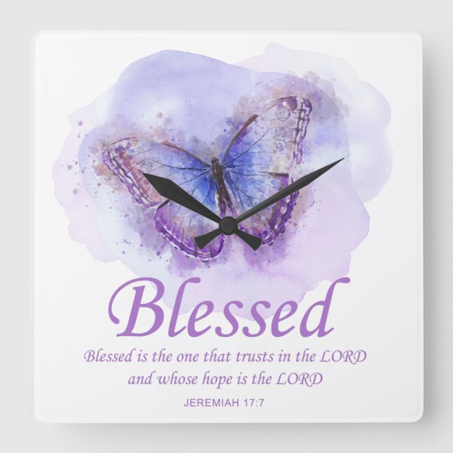 Women's Christian Bible Verse Butterfly: Blessed Square Wall Clock (Front)