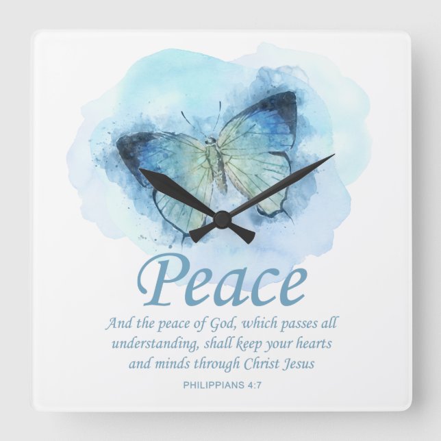 Women's Christian Bible Verse Butterfly: Peace Square Wall Clock (Front)