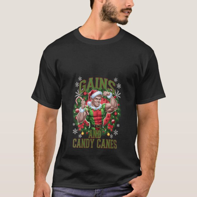 Womens Christmas Elf Gym Workout Gains and Candy C T-Shirt (Front)