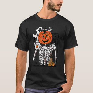 Womens Coffee Drinking Skeleton Lazy Halloween Cos T-Shirt