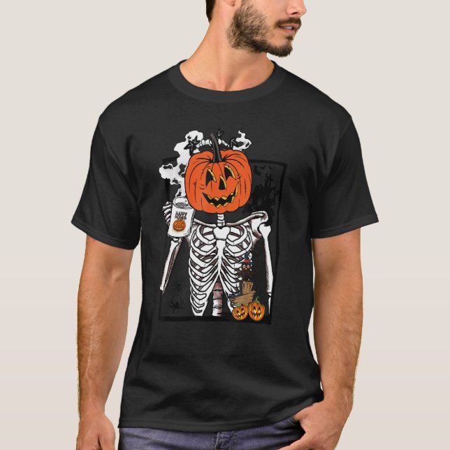 Womens Coffee Drinking Skeleton Lazy Halloween Cos T-Shirt (Front)