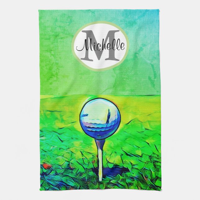 Women's Colourful Monogram Name Golf Sports Green Kitchen Towel (Vertical)
