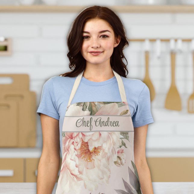Women's Cooking Baking Watercolor Floral Peony Apron (custom name women's apron pink floral roses peony floral cooking baking apron gift for women for her)